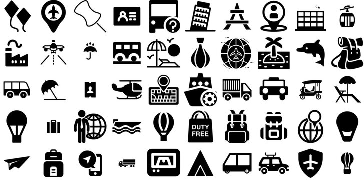 Mega Set Of Travel Icons Bundle Solid Simple Silhouettes Photo Camera, Silhouette, Pointer, Yacht Graphic Isolated On Transparent Background