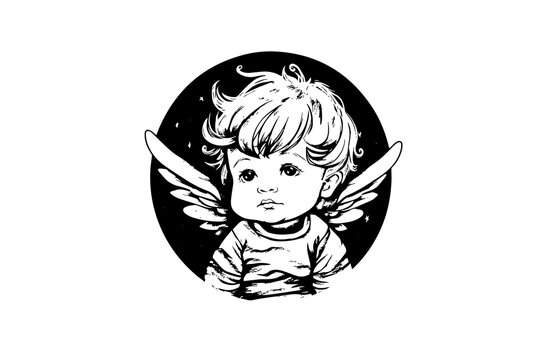 recommend clip art: Little angel logotype vector retro style engraving black and white illustration. Cute baby with wings