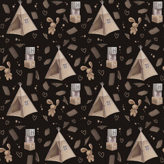 Seamless pattern with baby cubes, hare and wigwam on a dark background © Karmellime