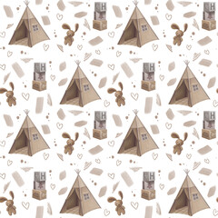 Seamless pattern with baby cubes, hare and wigwam on a white background © Karmellime