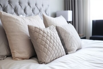 Bed maid-up with clean white pillows and bed sheets in beauty room. Close-up. Lens flair in sunlight,image ai generate