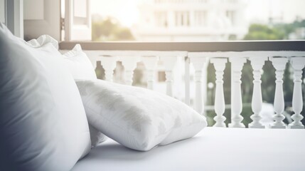 Bed maid-up with clean white pillows and bed sheets in beauty room. Close-up. Lens flair in sunlight., image ai generate