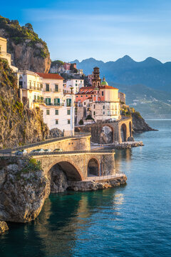 Morning view of Amalfi coast at the Mediterranean sea, Italy