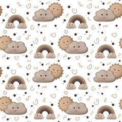 Fototapeta premium Seamless pattern with cute sun, clouds and rainbow for children on a white background