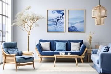interior design, White and blue living room with sofa, armchair, lamp, posters. generative AI.