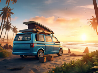 New blue camper van with a rooftop tent in front of a beautiful seascape during sunset. Family travel by car. Generative AI