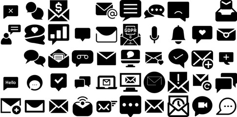 Mega Set Of Message Icons Set Linear Cartoon Symbol Optimization, Icon, Toque, Post Pictogram Isolated On White Background