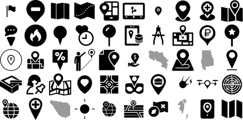 Big Collection Of Location Icons Set Hand-Drawn Isolated Simple Symbols Orientation, Navigator, Geolocation, Pointer Pictograph For Computer And Mobile
