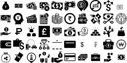 Big Set Of Money Icons Pack Linear Infographic Silhouettes Finance, Coin, Goodie, Silhouette Symbol For Apps And Websites