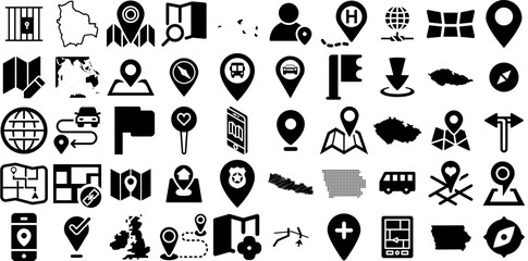 Huge Set Of Map Icons Collection Hand-Drawn Solid Cartoon Signs Orientation, Mark, Three-Dimensional, Pointer Symbols Isolated On Transparent Background