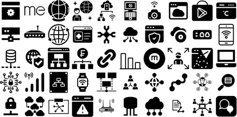 Big Collection Of Network Icons Collection Black Infographic Glyphs Bw, Hosting, Silhouette, People Glyphs Vector Illustration