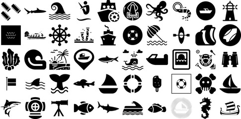 Mega Set Of Sea Icons Pack Hand-Drawn Black Simple Silhouette Tortoise, Creature, Icon, Anchor Pictograph For Computer And Mobile
