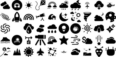 Huge Set Of Sky Icons Set Flat Simple Silhouette Background, Icon, Yellow, Thermometer Doodle Vector Illustration
