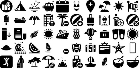 Massive Collection Of Vacation Icons Set Hand-Drawn Isolated Drawing Symbols Day, Holiday Maker, Leisure, Icon Symbols Isolated On White Background