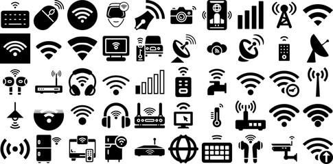Mega Set Of Wireless Icons Bundle Hand-Drawn Solid Cartoon Pictogram Icon, Problem, Symbol, Thin Graphic Isolated On Transparent Background