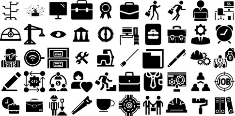 Massive Collection Of Work Icons Collection Solid Infographic Silhouettes Health, Contractor, Artist, Tool Clip Art Isolated On Transparent Background - obrazy, fototapety, plakaty
