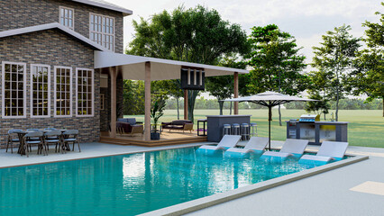 Fototapeta na wymiar 3d rendering of a backyard design with pool, hot tub, outdoor kitchen, seating area 