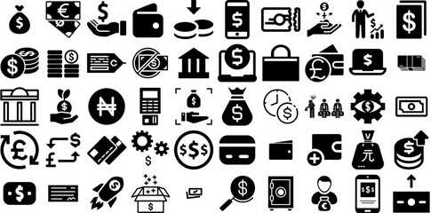Massive Set Of Money Icons Collection Hand-Drawn Black Cartoon Elements Coin, Goodie, Silhouette, Finance Silhouettes Isolated On White