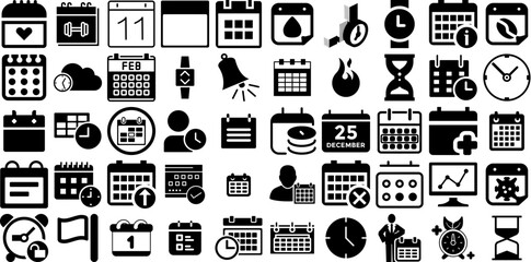 Mega Set Of Schedule Icons Collection Hand-Drawn Solid Drawing Web Icon Icon, Birth, Day, Plan Glyphs Isolated On Transparent Background