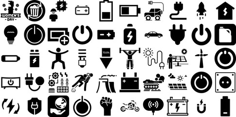 Mega Collection Of Power Icons Bundle Black Vector Silhouette Wind, Global, Set, Pointer Pictograms For Apps And Websites