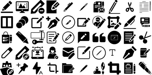 Huge Collection Of Edit Icons Set Hand-Drawn Solid Modern Silhouettes Draw, Editor, Icon, Note Doodle Vector Illustration