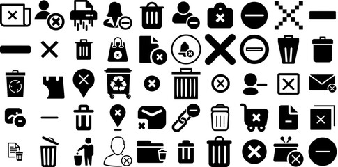 Massive Collection Of Delete Icons Set Hand-Drawn Solid Design Elements Interface, Symbol, Trash, Icon Pictograms For Apps And Websites