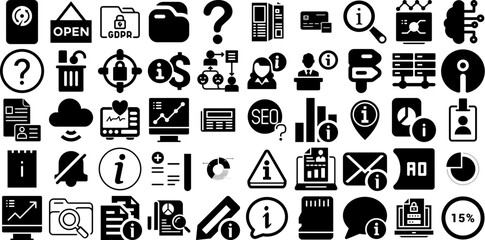 Huge Set Of Information Icons Set Black Cartoon Glyphs Identification, Patient, Extension, Coin Graphic Isolated On Transparent Background