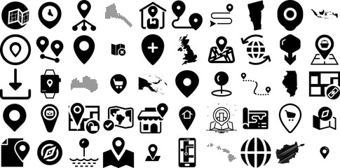 Big Collection Of Map Icons Bundle Linear Design Silhouette Mark, Orientation, Three-Dimensional, Pointer Pictograms Isolated On White Background