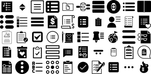 Big Set Of List Icons Pack Solid Drawing Silhouette Icon, Product, Magnifier, Pointer Pictograms Vector Illustration - obrazy, fototapety, plakaty