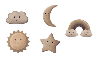 Set of cute natural objects for children, 5 in 1 illustrations