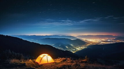 Fototapeta na wymiar Camping in the mountains at night with a view of the night city.Concept of adventure travel,mountain climbing. Nature tourism concept with tent. 