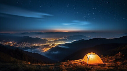 Fototapeta na wymiar Tent on the mountain with the view of the capital city lights.Concept of adventure travel,mountain climbing. Nature tourism concept with tent. Backpacker hiking journey travel concept.
