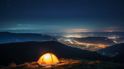 Fototapeta na wymiar Camping in the mountains at night with view of the city.Concept of adventure travel,mountain climbing. Nature tourism concept with tent. Backpacker hiking journey travel concept.
