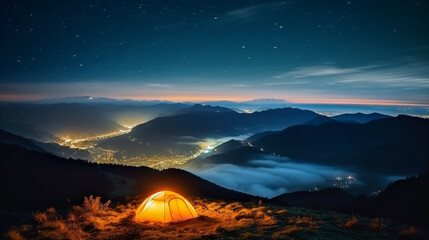 Fototapeta na wymiar Camping on the mountain at night with a view of the valley.Concept of adventure travel,mountain climbing. Backpacker hiking journey travel concept.