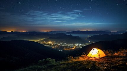 Fototapeta na wymiar Camping in the mountains at night with view of the city.Concept of adventure travel,mountain climbing. Nature tourism concept with tent. Backpacker hiking journey travel concept.