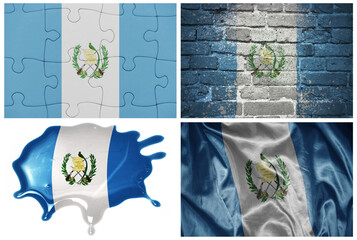 colorful realistic flag of guatemala in different styles and with different textures on the white background.collage. 3D illustration