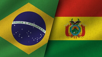 Bolivia and Brazil, Brasil Realistic Two Flags Together, 3D Illustration