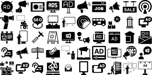 Big Collection Of Advertisement Icons Bundle Hand-Drawn Linear Vector Pictograms Icon, Brother, Badge, Speaker Element Vector Illustration