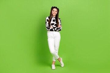 Full length photo of positive confident lady wear cow skin shirt smiling arms crossed isolated...
