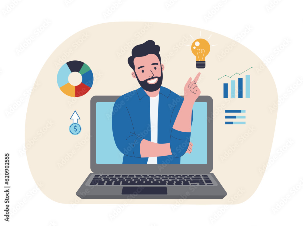 Fototapete business consulting or business coaching concept. a man from a computer shows an idea against the ba