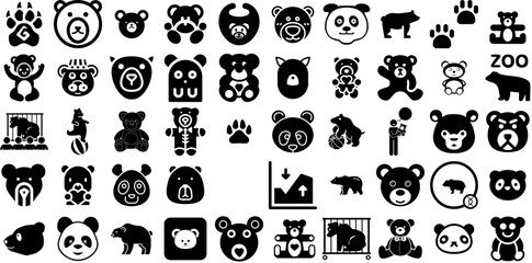 Huge Set Of Bear Icons Set Hand-Drawn Solid Vector Elements Candy, Head, Icon, Sweet Pictogram For Apps And Websites