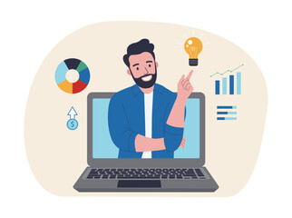 Business consulting or business coaching concept. A man from a computer shows an idea against the background of growth charts indicators. Vector illustration.