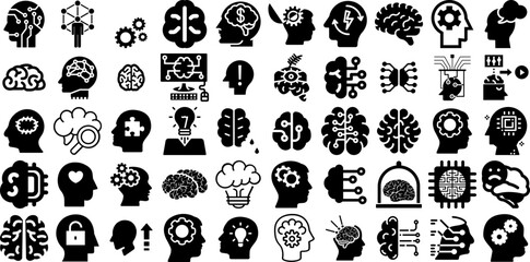 Massive Collection Of Brain Icons Bundle Hand-Drawn Black Modern Silhouette Ribbon, Problem, Profile, Icon Logotype Isolated On White