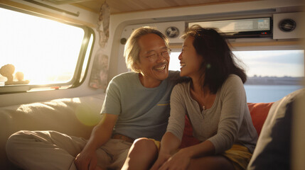 Asian Happy couple going on vacation on camper van