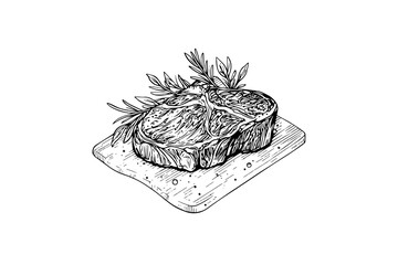Meat steak on wood board. Hand drawing sketch engraving style vector illustration
