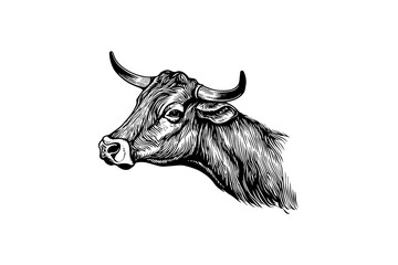 Cow head with horns logotype engraving style isolated vector illustration.