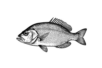 Сrucian carp hand drawn engraving fish isolated on white background. Vector sketch illustration.