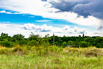 Fototapeta premium Beautiful horizon scenery in village meadow on color natural background