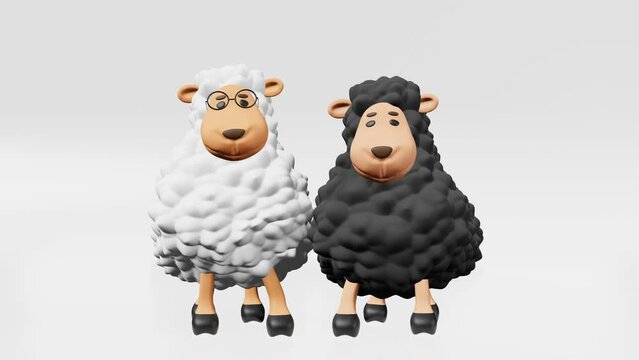 Two cute sheep friends rhythmically dance 3d animation. Friendship Day. Children party invitation Adorable funny cartoon lambs fellows greeting footage Kids dancing music motion graphic Ewes soulmates
