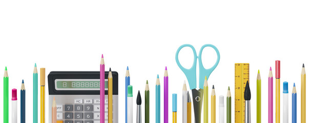 Colorful school stationery, supplies on transparent background. PNG. Bottom border. Applicable for posters, announcements, advertising. Education, daycare, preschool. Back to school shopping, sale. 3D